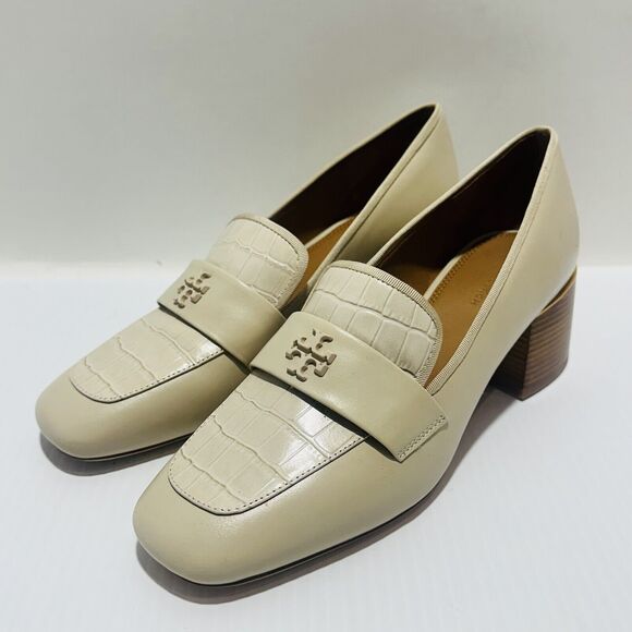 Tory Burch Everly 55 MM Size 9 Loafers Cream Embossed Croc Leather Block Heel - Picture 2 of 9